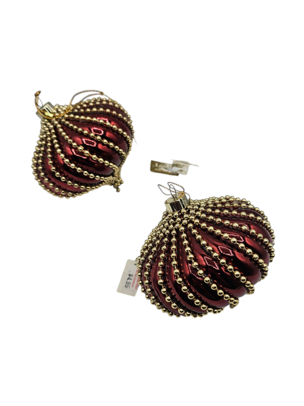 Set of 2 Vintage Roman Inc Christmas Bauble Ornaments Deep Red w/ Gold Details